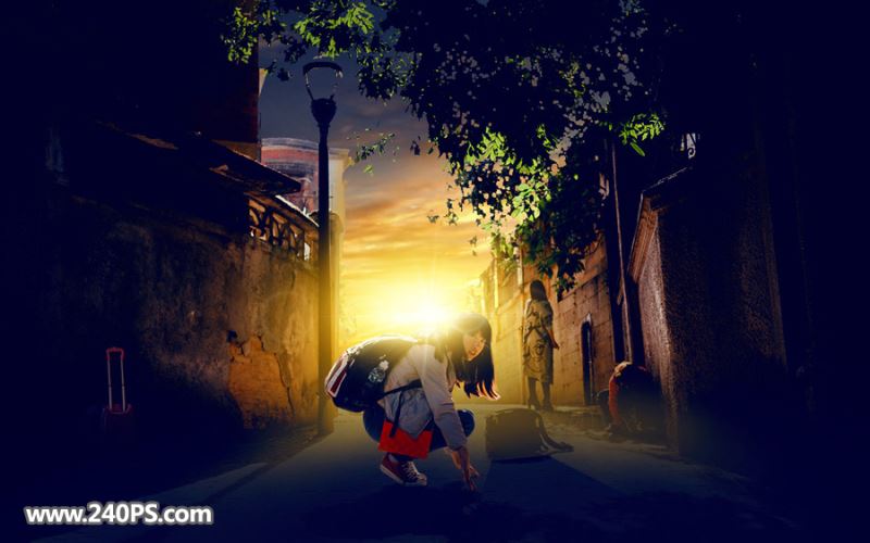 ps把白天人物街景图片调成日落时分夕阳西下效果