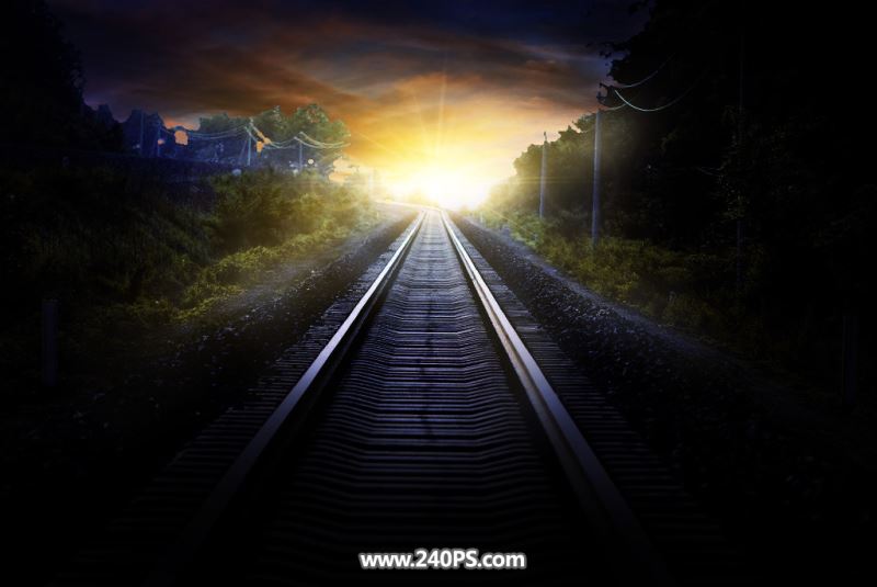 ps把白天铁轨风景图调成日出晨曦效果