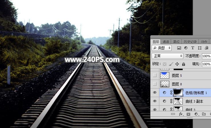 ps把白天铁轨风景图调成日出晨曦的效果教程