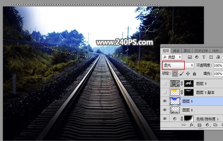 ps把白天铁轨风景图调成日出晨曦的效果教程