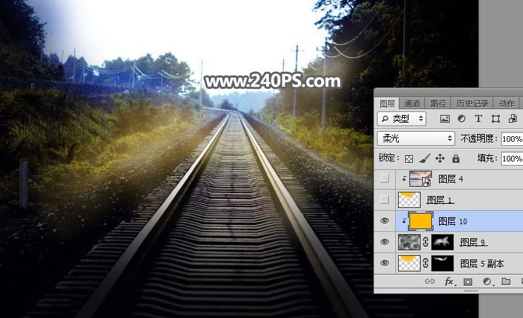 ps把白天铁轨风景图调成日出晨曦的效果教程
