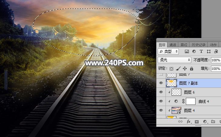 ps把白天铁轨风景图调成日出晨曦的效果教程