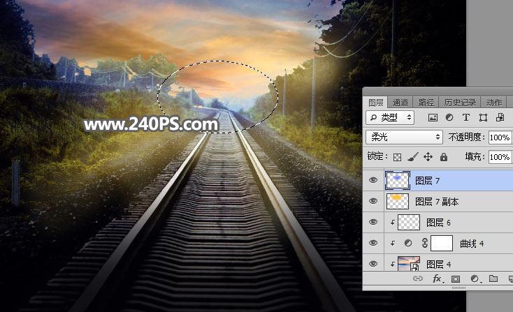 ps把白天铁轨风景图调成日出晨曦的效果教程