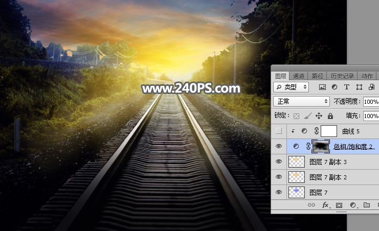 ps把白天铁轨风景图调成日出晨曦的效果教程